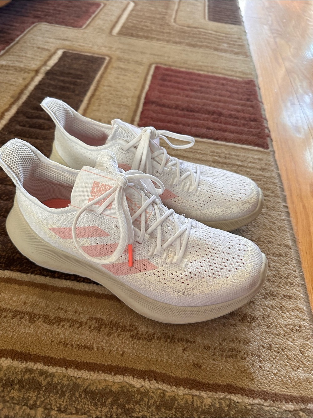 adidas White Knit Running Sneakers with Pink Accents